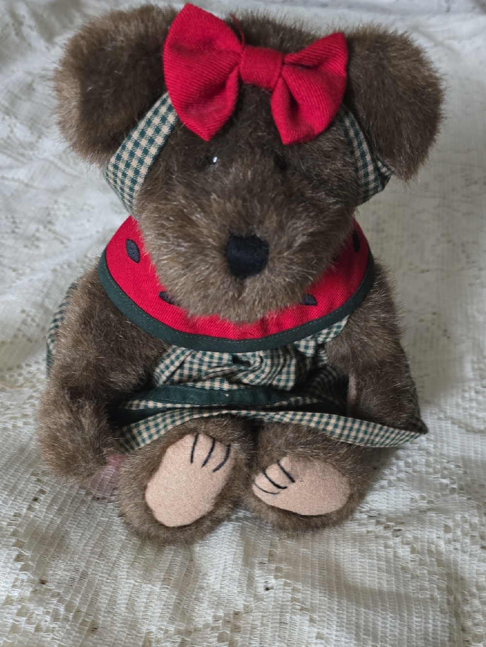 Gen-Yoo-Wine Bear Plush Toy with Red Bow and Plaid Outfit